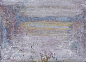 Werkverzeichnis Nr. 1541, um 1990, Landschaft mit See und Bäumen, weiß übermalt, Acryl, Öl auf Karton, 38,8 x 53,3 cm
