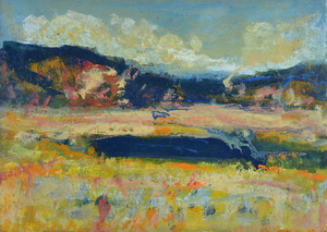 Werkverzeichnis Nr. 1532, um 1990, Mooslandschaft mit See, Öl auf Karton, 40,2 x 57,0 cm