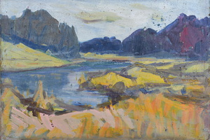 Werkverzeichnis Nr. 1561, um 1990, See zwischen Bergen, Öl auf Karton, 40,2 x 58,2 cm
