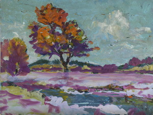 Werkverzeichnis Nr. 1549, um 1990, Bach mit Bäumen in flacher Landschaft, Öl auf Karton, 40,3 x 52,9 cm