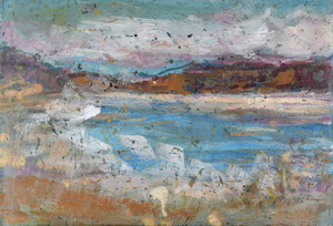 Werkverzeichnis Nr. 1534, um 1990, See vor Hügeln, teilweise weiß übermalt, Acryl, Öl auf Karton, 40,3 x 57,8 cm