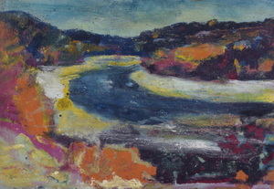 Werkverzeichnis Nr. 1553, um 1990, Isar mit Steilufern, Öl auf Karton, 40,5 x 57,6 cm