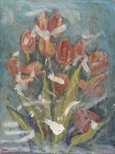 Werkverzeichnis Nr. 1596, um 1990, Tulpen, teilweise weiß übermalt, Öl auf Karton, 48,8 x 37,3 cm