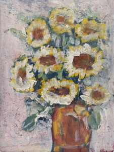Werkverzeichnis Nr. 1589, um 1990, Acht Sonnenblumen in brauner Vase, Öl auf Karton, 48,8 x 37,7 cm