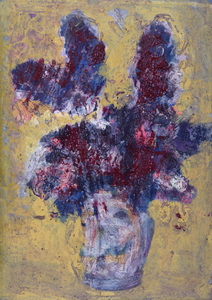 Werkverzeichnis Nr. 1593, um 1990, Fliederstrauß in heller Vase vor gelbem Hintergrund, Acryl auf Hartfaser, 52,8 x 38,3 cm