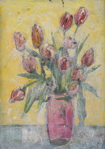 Werkverzeichnis Nr. 1594, um 1990, Tulpen in hellblauer Vase vor gelber Wand, Öl auf Karton, 52,8 x 38,3 cm