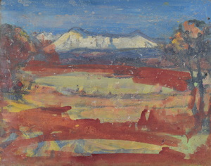 Werkverzeichnis Nr. 1554, um 1990, Blick auf Herzogstand und Heimgarten, Öl auf Hartfaser, 56,7 x 71,2 cm