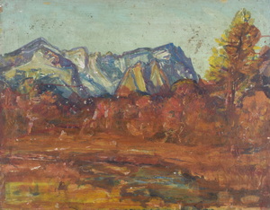 Werkverzeichnis Nr. 1559, um 1990, Blick auf Berge, herbstliche Bäume und einen Teich, Öl auf Karton, 56,8 x 71,4 cm