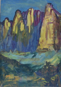Werkverzeichnis Nr. 1575, um 1990, Bergspitzen, Öl auf Karton, 57,0 x 40,4 cm