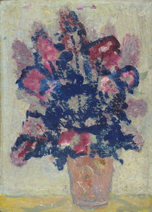 Werkverzeichnis Nr. 1592, um 1990, Fliederstrauß in hellbrauner Vase auf gelbem Tisch vor heller Wand, Öl auf Hartfaser, 79,9 x 57,3 cm
