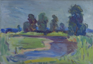 Werkverzeichnis Nr. 1548, um 1990,  Bäume an einem Bach, Öl auf Karton, 40,1 x 57,3 cm, 
						Rückseite bemalt mit Werkverzeichnis Nr. 1017q, Bäume an einem Bach