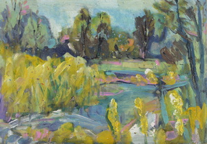 Werkverzeichnis Nr. 1547, um 1990, Schilf und Bäume an einem Gewässer, Öl auf Karton, 40,1 x 57,3 cm, 
						Rückseite bemalt mit Werkverzeichnis Nr. 1017p, Bäume an einem Bach