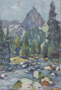 Werkverzeichnis Nr. 1574, um 1990, Bach vor einem hohen Bergmassiv, Öl auf Karton, 40,8 x 58,0 cm