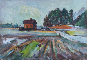 Werkverzeichnis Nr. 1558, um 1990, Haus an einem Feld, Öl auf Karton, 40,8 x 58,0 cm,
						Rückseite von Werkverzeichnis Nr. 126, um 19, 