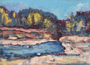 Werkverzeichnis Nr. 1604, um 1991, Bewaldete Hügel und Bachufer, Acryl auf Karton, 38,2 x 53,0 cm