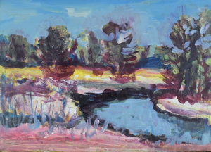Werkverzeichnis Nr. 1605, um 1991, Bach mit Bäumen, Acryl auf Karton, 38,2 x 53,1 cm