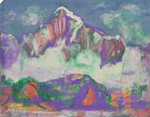 Werkverzeichnis Nr. 1609, um 1991, Weisshorn, Grün und Violett, Acryl auf Hartfaser, 56,5 x 71,3 cm