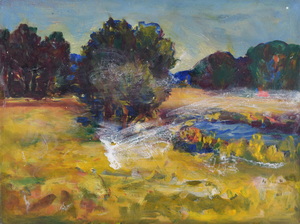 Werkverzeichnis Nr. 1606, um 1991, Landschaft mit Bäumen mit weißem Fleck, Acryl, Öl auf Karton, 45,5 x 59,0 cm