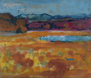Werkverzeichnis Nr. 1600, um 1991, Mooslandschaft mit See, Öl auf Karton, 48,2 x 56,7 cm