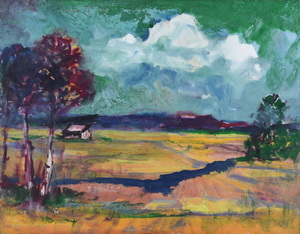 Werkverzeichnis Nr. 1602, um 1991, Flache Landschaft mit Bach, Bäumen und Haus, Öl auf Hartfaser, 56,1 x 71,0 cm