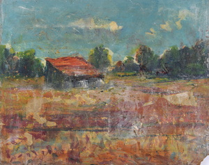 Werkverzeichnis Nr. 1601, um 1991, Dachauer Moos mit Torfunterstand, Öl auf Hartfaser, 56,5 x 70,9 cm