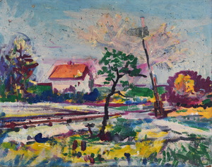 Werkverzeichnis Nr. 1603, um 1991, Haus an einem Eisenbahnübergang, Öl auf Hartfaser, 56,5 x 71,2 cm