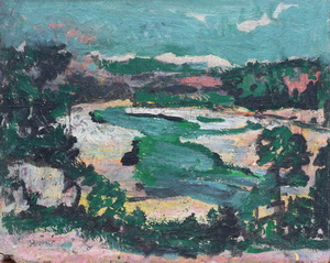 Werkverzeichnis Nr. 1611, um 1992, Isar in Grün, Acryl auf Hartfaser, 56,5 x 71,0 cm