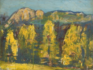 Werkverzeichnis Nr. 1629, um 1992, Gelbe Bäume vor Bergen, Öl auf Karton, 37,5 x 48,9 cm