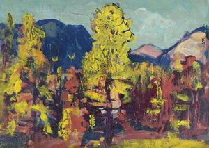 Werkverzeichnis Nr. 1628, um 1992, Bäume vor Bergen, Öl auf Karton, 38,3 x 53,0 cm