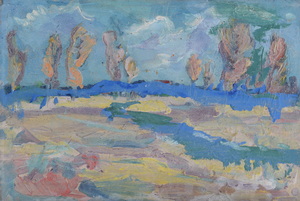 Werkverzeichnis Nr. 1618, um 1992, Mooslandschaft mit Bäumen und Wassergraben, Öl auf Karton, 39,8 x 58,5 cm