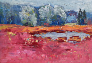 Werkverzeichnis Nr. 1614, um 1990, See mit Bäumen, Acryl auf Hartfaser, 54,3 x 69,0 cm