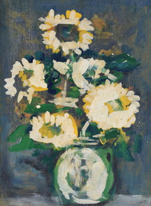 Werkverzeichnis Nr. 1636, um 1992, Sonnenblumen vor dunkelgrünem Hintergrund, Acryl auf Hartfaser, 53,0 x 38,5 cm