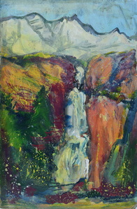 Werkverzeichnis Nr. 1632, um 1992, Wasserfall im Gebirge, Acryl/Öl auf Karton, 60,0 x 39,9 cm