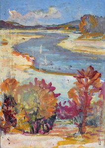 Werkverzeichnis Nr. 1612, um 1992, Isar, Öl auf Karton, 57,0 x 40,3 cm