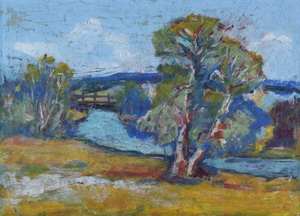 Werkverzeichnis Nr. 1621, um 1992, Amper mit Brücke bei Maisach,  Öl auf Karton, 38,3 x 53,0 cm