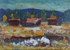 Werkverzeichnis Nr. 1616, um 1992, Drei Torfhütten im Dachauer Moos, Acryl, Öl auf Karton, 38,4 x 53,0 cm