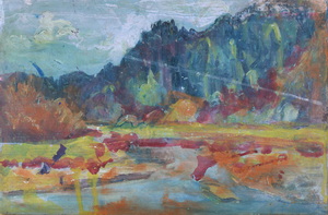 Werkverzeichnis Nr. 1626, um 1992, Gewässer vor Bergen, Öl auf Karton, 39,2 x 58,4 cm