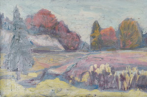Werkverzeichnis Nr. 1627, um 1992, Landschaft mit Hügeln und Bäumen, weiß übermalt, Öl auf Karton, 39,8 x 58,6 cm