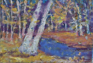 Werkverzeichnis Nr. 1619, um 1992, Bäume im Starnberger Mühltal,  Acryl, Öl auf Karton, 40,0 x 57,6 cm