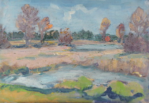 Werkverzeichnis Nr. 1617, um 1992, Mooslandschaft mit zwei Weihern, Acryl, Öl auf Karton, 40,3 x 57,4 cm