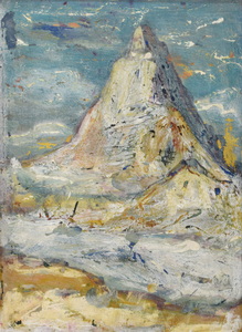 Werkverzeichnis Nr. 1634, um 1992, Matterhorn, weiß übermalt, Acryl,Öl auf Karton, 50,0 x 37,4 cm