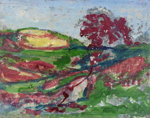 Werkverzeichnis Nr. 1625, um 1992, Hügelige Landscahft,  Öl auf Hartfaser, 56,4 x 71,0 cm