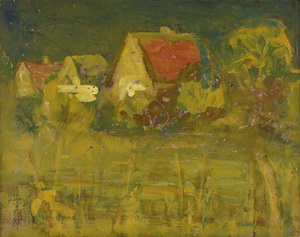 Werkverzeichnis Nr. 1624, um 1992, Häuser in München-Moosach, Acryl, Öl auf Hartfaser, 56,4 x 71,0 cm