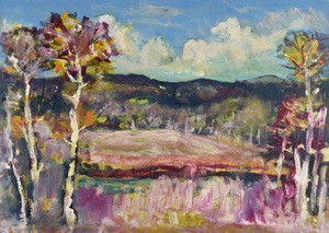 Werkverzeichnis Nr. 1620, um 1992, Blick zwischen Bäumen auf eine Ebene und Berge,  Öl auf Karton, 57,0 x 80,3 cm