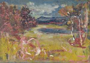 Werkverzeichnis Nr. 1613, um 1992, Blick auf einen kleinen See, Öl auf Karton, 57,1 x 80,2 cm