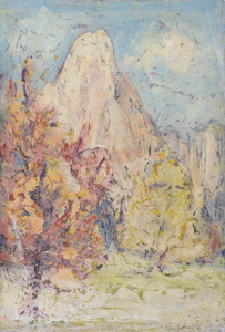 Werkverzeichnis Nr. 1633, um 1992, Berg mit Bäumen, weiß übermalt, Acryl, Öl auf Karton, 58,4 x 40,0 cm