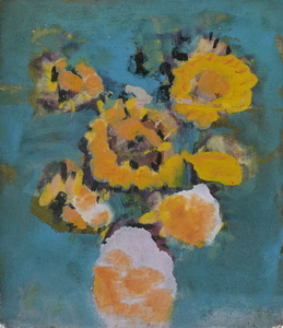 Werkverzeichnis Nr. 1663, um 1993, Sonnenblumen in ocker Vase vor blauem Hintergrund, Öl auf Leinwand, 35,6 x 31,0 cm