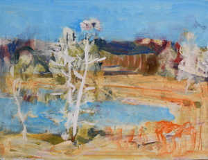 Werkverzeichnis Nr. 1642, 1993, See mit Bäumen, Acryl auf Karton, 36,5 x 48,5 cm