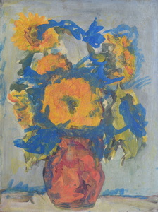 Werkverzeichnis Nr. 1664, um 1993, Sonnenblumen in brauner Vase vor hellgrauem Hintergrund, Acryl auf Karton, 37,0 x 50,0 cm