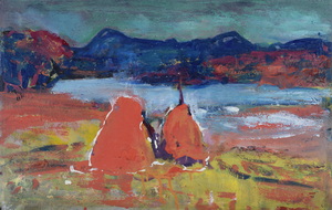 Werkverzeichnis Nr. 1637, um 1993, Großer Ostersee mit Heuhocken, Öl auf Hartfaser, 37,0 x 58,3 cm